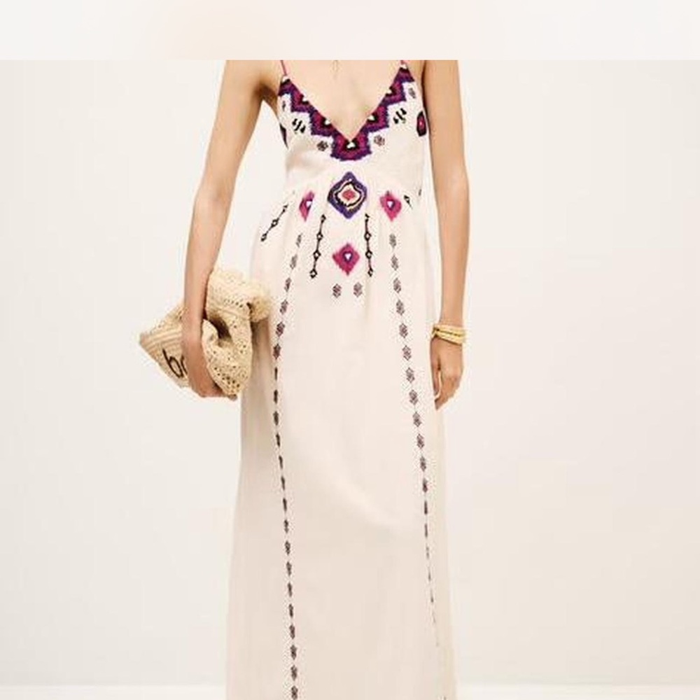 ba&sh Cream Maxi Dress with Purple and Pink Embroidery